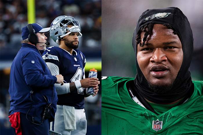 Dallas Cowboys coach Mike McCarthy next to quarterback Dak Prescott and Philadelphia Eagles rookie defensive tackle Jalen Carter.